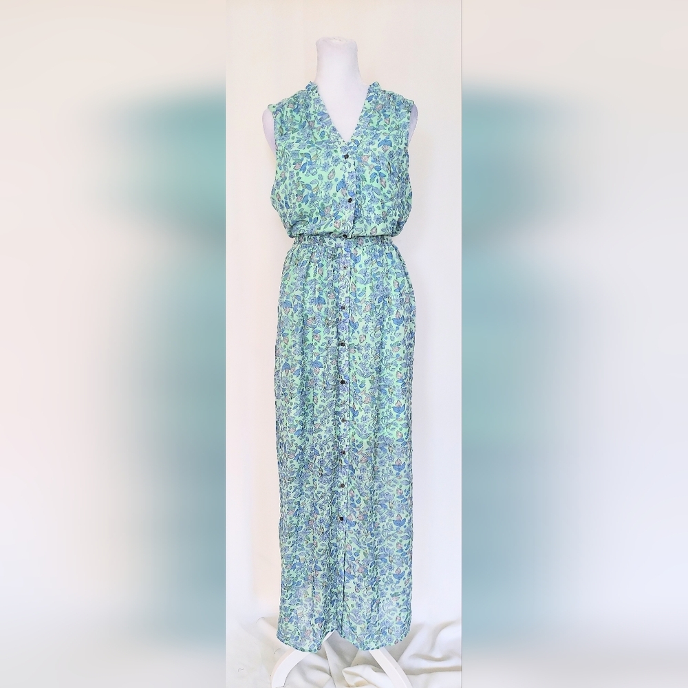 Alice Through the Looking Glass Floral Sleeveless Maxi Dress Sz Large Green Blue